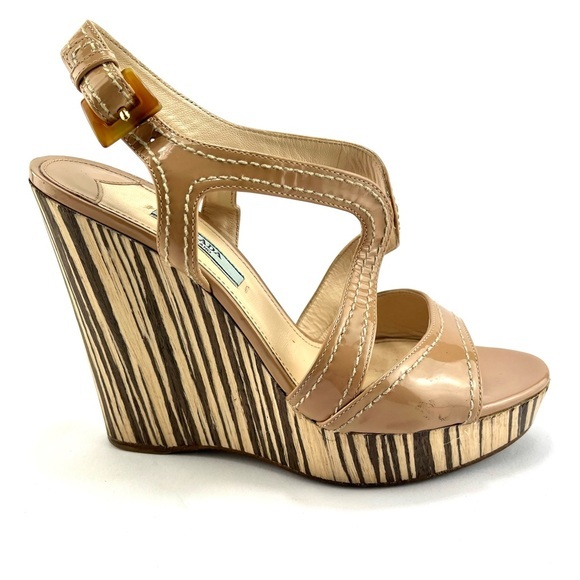 Prada Women’s Beige‎ Patent Leather Wooden Wedge Sandals - Picture 1 of 10